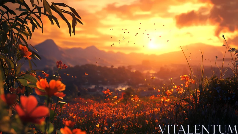 Sunset over distant hills and foreground wildflower meadow.