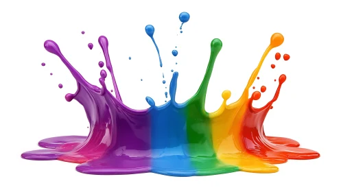 Vibrant rainbow paint splashes arc across glossy white surface