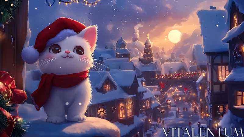 White kitten in Santa hat overlooking snowy village.