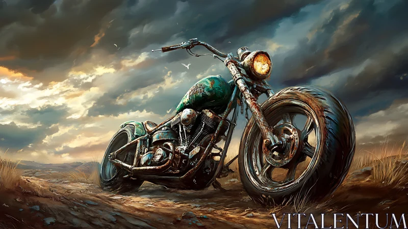 Weathered chopper motorcycle under stormlit open skies.