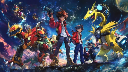 Anime mecha partners in cosmic battle-ready group tableau.