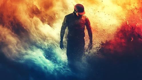 Bipedal silhouette dissolving through dual thermal gradient field.