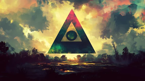 Mystic triangle glows above a dreamy painted twilight land.