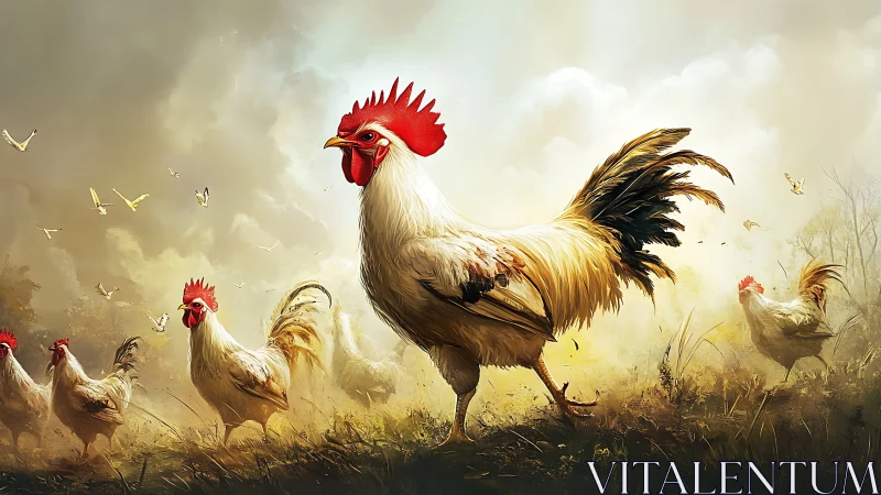 Rooster Cockerel with Hens in Dusty Pastoral Field