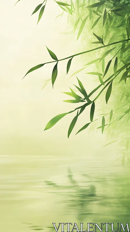 Whispering bamboo drifts above mist-softened jade water.