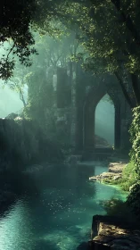 Stone archway over turquoise forest river at dawn.