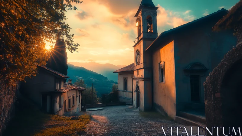 Golden evening sunlight warms a quiet hilltop village street