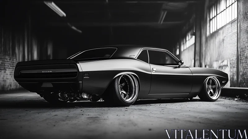 Sleek muscle car crouches in a moody industrial garage