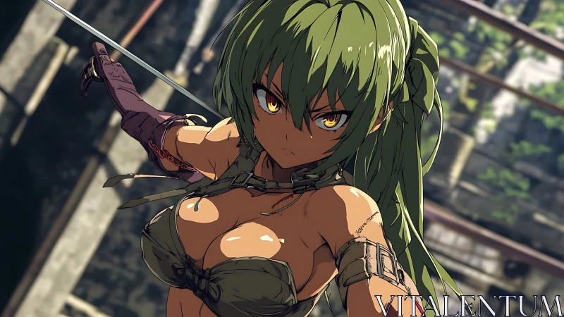 Battle-ready green-haired warrior in dynamic sword stance.