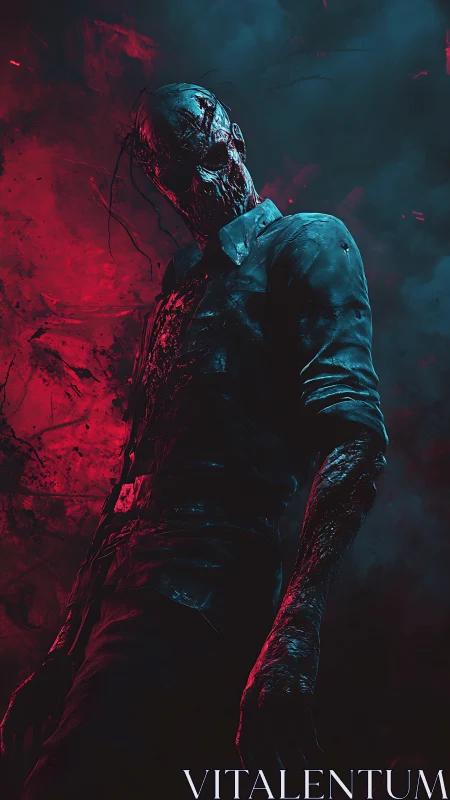 Humanoid creature in tattered shirt against red smoke field.