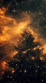 Silhouetted Tree Radiates Golden Particle Energy