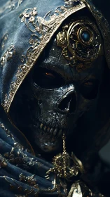 Jeweled skeletal reaper gazes out from a shadowed shroud