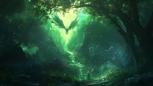 Winged light form above robed figure in dense forest clearing.