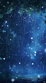 Midnight forest rain over glowing wet path scene.