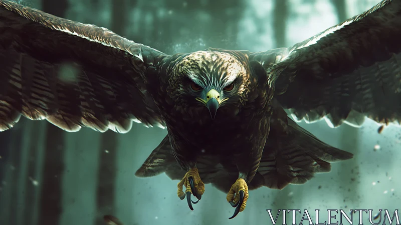 Majestic eagle in flight over misty forest, cinematic digital art.