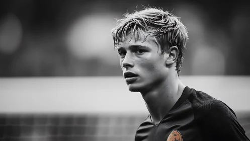 Monochrome close-up shows soccer player in wet conditions