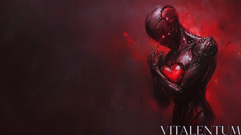 Cybernetic figure cradles a glowing red heart in darkness.