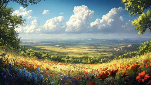 Wildflower valley opens beneath bright clouds and sunlit skies