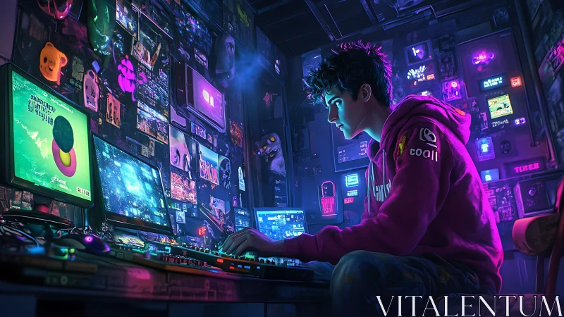 Glowing neon studio surrounds a focused young digital creator