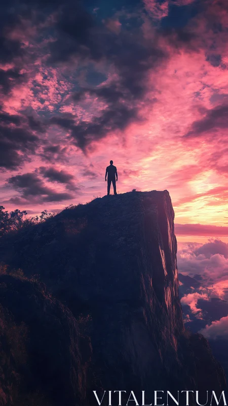 Silhouetted figure surveys mountain cliff under vivid sunset sky