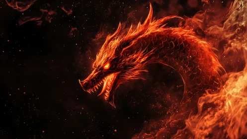 Flaming dragon head coils through dark smoke-filled void