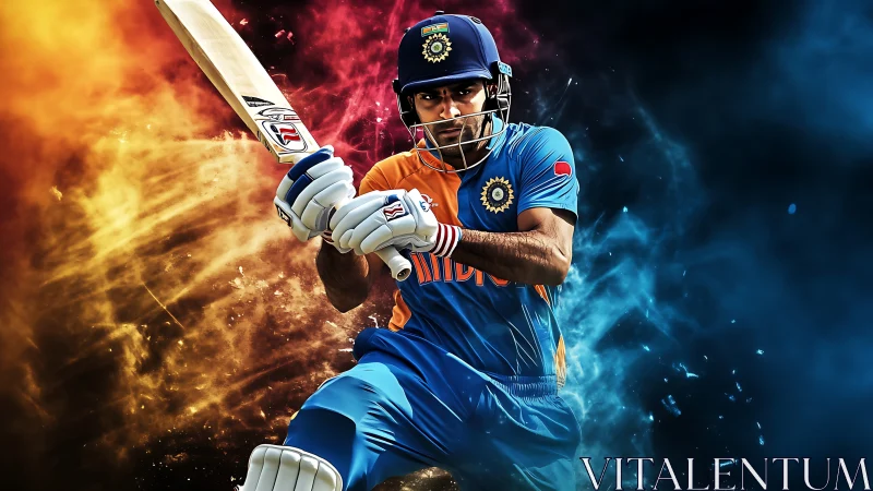 Cricketer in blue kit playing front-foot stroke digital art.