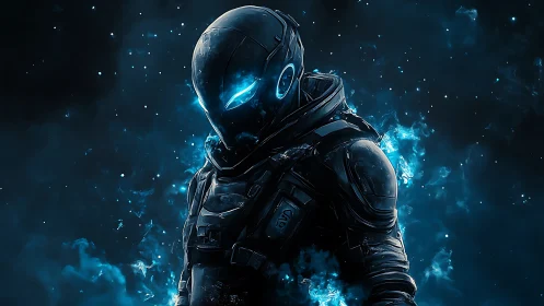 Armored space operative framed by bioluminescent plasma clouds