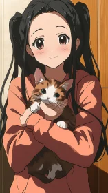 Anime girl with twin tails calmly holding a cat indoors.