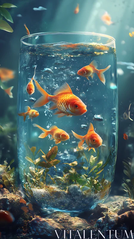 Goldfish turn a tall water glass into a shimmering forest