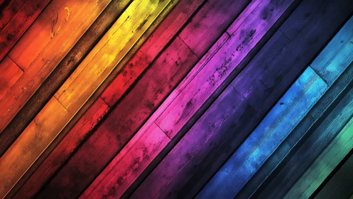 Diagonal rainbow planks form a bold abstract spectrum wall.