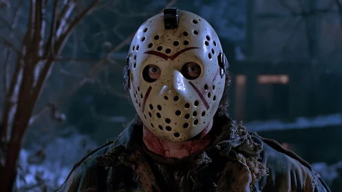 Masked horror figure stands in cold moonlit forest clearing