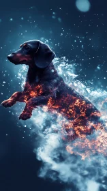 Digital composite depicts leaping dachshund with fire and water