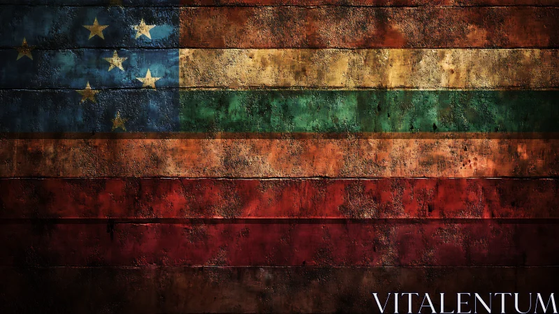 Grunge-textured multicolor flag layout on distressed planks.