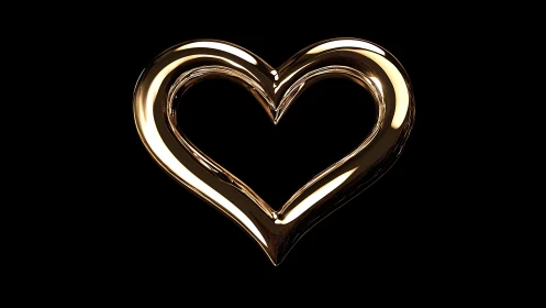 Golden metallic heart shape rendered with high-contrast specular reflections against black backgroun