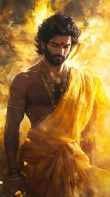 Male figure in yellow drape stands amid glowing golden haze