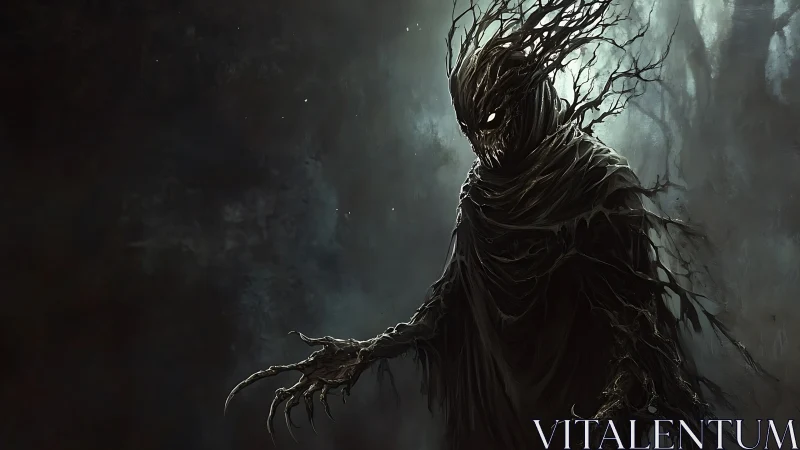 Shadow wraith entity with twisted roots in foggy void.