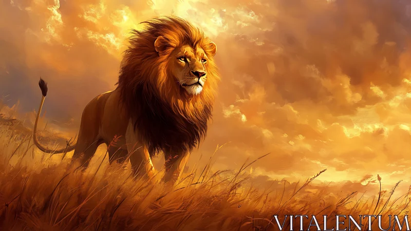Backlit lion strides through windswept savanna under glowing sky