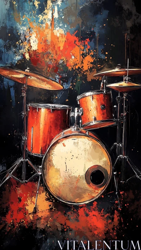 Expressive drum kit rendered with dynamic splatter brushwork and contrast