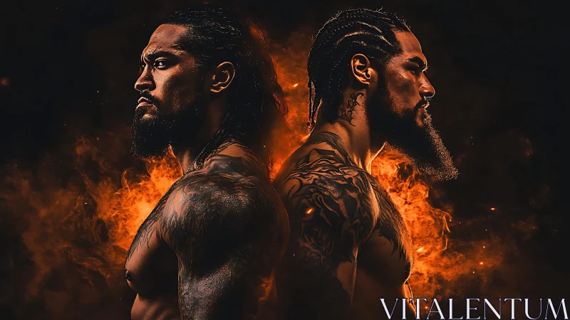 Two Men Back-to-Back in Fiery Inferno Atmosphere