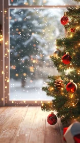 Decorated indoor Christmas tree by snowy winter window.