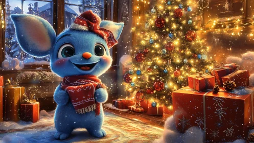 Blue winter friend under sparkling Christmas lights.