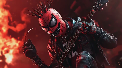 Fiery punk rocker in a spidery mask shredding the night.