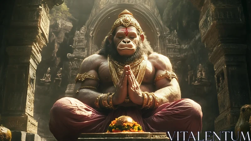 Divine simian guardian meditates in sunlit golden shrine.