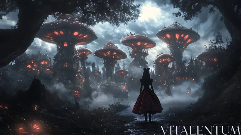 Midnight girl wandering a glowing mushroom city of secrets.