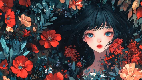 Young female face surrounded by dense red floral field.