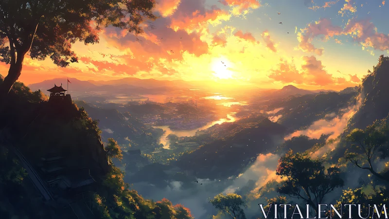 Sunlit river valley unfolds beneath distant mountain city