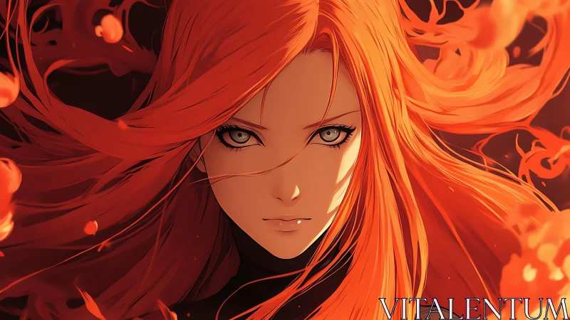 Fiery-haired anime heroine with intense burning gaze.