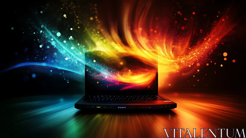 Laptop gateway ignites swirling neon streams of digital fire.
