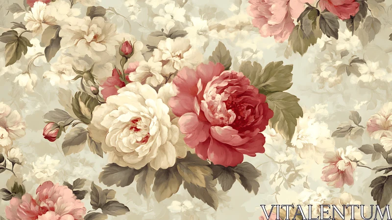 Vintage floral pattern with large peony blossoms on beige.