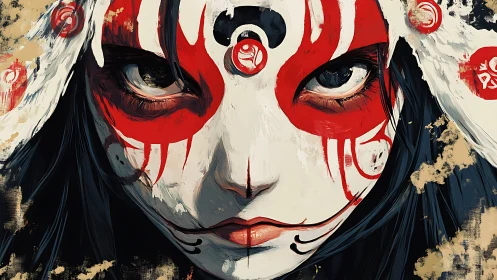 Warpainted shrine fox girl stares through scarlet silence.